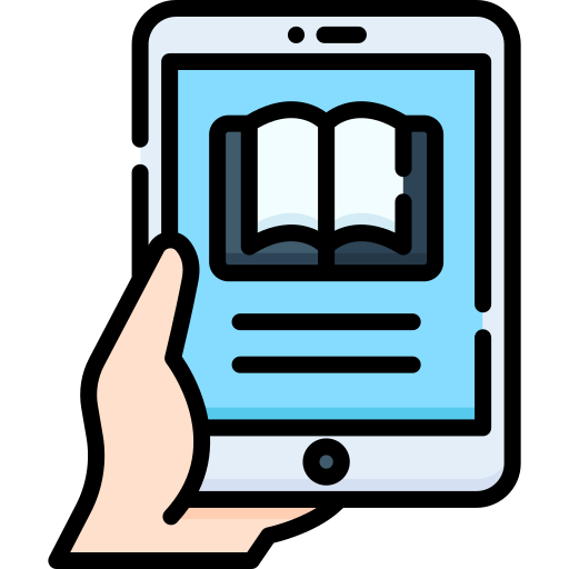Hand holding a mobile phone, with book open in mobile phone